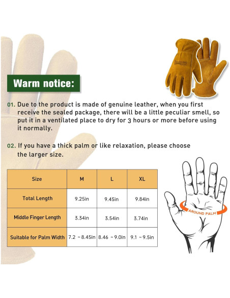 Guantes de Jardinería de Cuero Vaca Amarillo XL para Trabajo