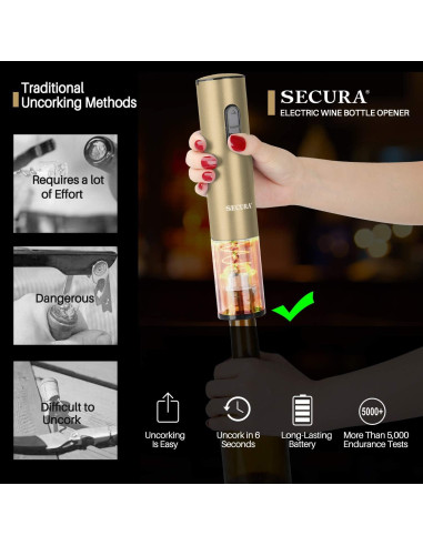 Abridor de Vino Eléctrico Secura KP1-36N2 Recargable Oro