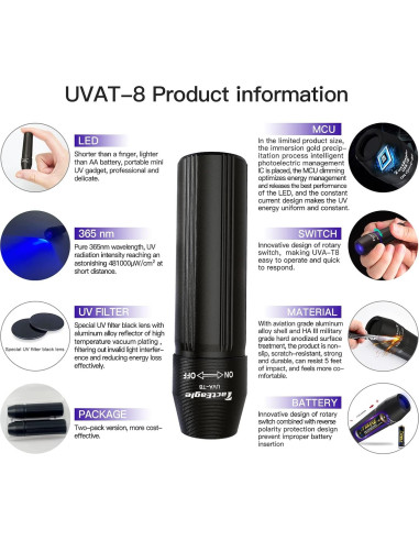 Paquete de 2 Linternas UV Mini UVA-T8 Detección de Manchas