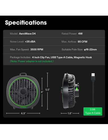 Ventilador de Clip VIVOSUN D4 10 cm 3 Velocidades Ajustable