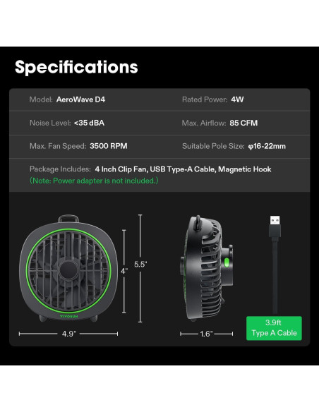 Ventilador de Clip VIVOSUN D4 10 cm 3 Velocidades Ajustable