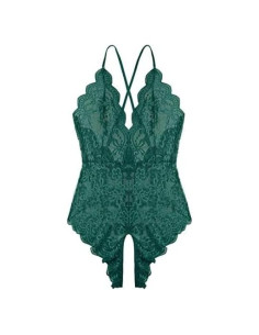 Mono Lencería Sexy Teddy Verde Mediano Encaje Cuello V