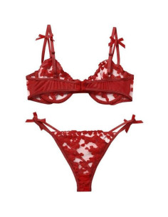 Conjunto de Lencería Bordado ALOECDYV 2 Piezas Rojo 2