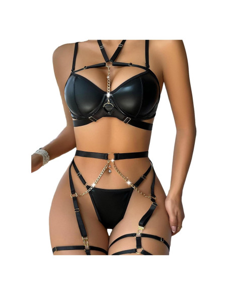 Conjunto de Lencería Sexy Lilosy Mediano Negro con Tirantes