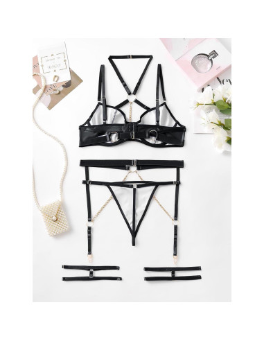 Conjunto de Lencería Sexy Lilosy Mediano Negro con Tirantes