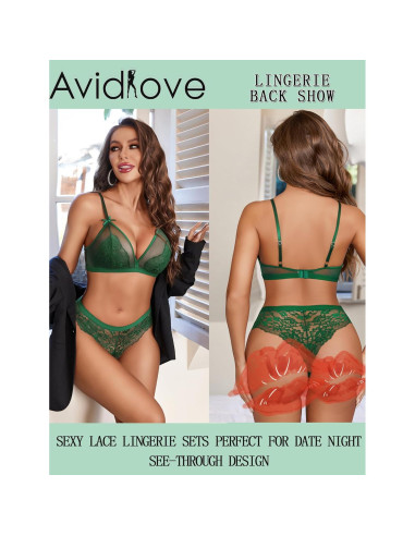 Conjunto de Lencería Avidlove Verde Mediano Encaje Sexy