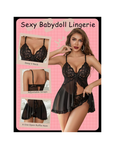 Avidlove Lencería Sexy Babydoll Negro con Volantes Talla Grande