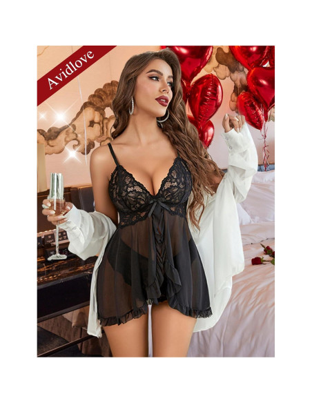Avidlove Lencería Sexy Babydoll Negro con Volantes Talla Grande