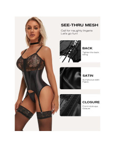 Conjunto de Lencería Sexy de Encaje para Mujeres L-XL Negro 2