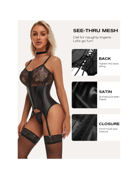 Conjunto de Lencería Sexy de Encaje para Mujeres L-XL Negro