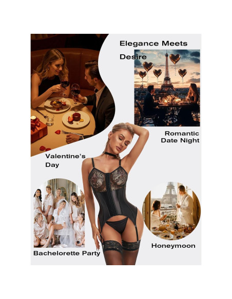 Conjunto de Lencería Sexy de Encaje para Mujeres L-XL Negro