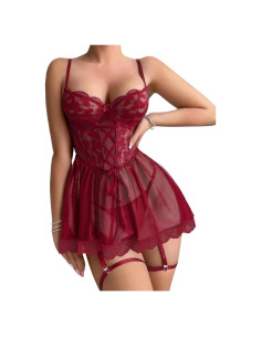 Conjunto de Lencería Lilosy Babydoll Rojo Burdeos Talla Grande