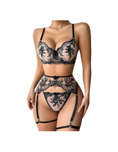 Conjunto Lencería Sexy Lilosy 3 Piezas Encaje Negro