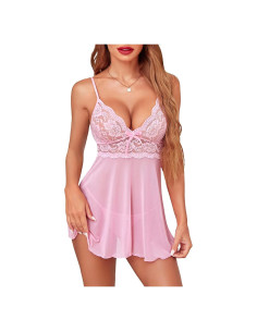 Avidlove Lencería Babydoll Rosa Encaje V Cuello Tirantes