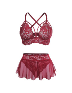 Conjunto de Lencería Sexy GIEAUAU 3 Piezas Rojo Vino