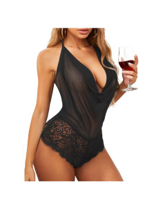 Avidlove Lencería Sexy Teddy Encaje Halter Negro S-4XL