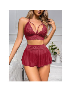 Conjunto de Lencería Sexy GIEAUAU 3 Piezas Rojo Vino 2
