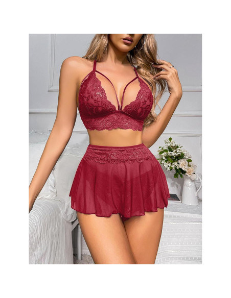 Conjunto de Lencería Sexy GIEAUAU 3 Piezas Rojo Vino