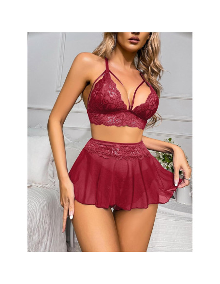 Conjunto de Lencería Sexy GIEAUAU 3 Piezas Rojo Vino