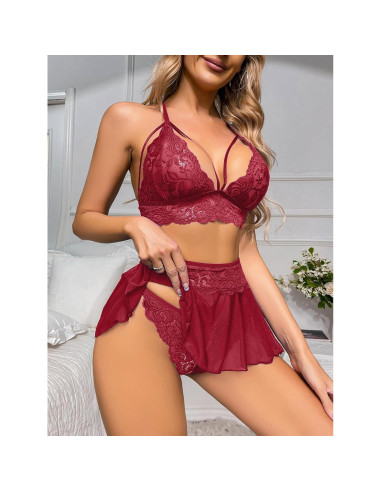 Conjunto de Lencería Sexy GIEAUAU 3 Piezas Rojo Vino