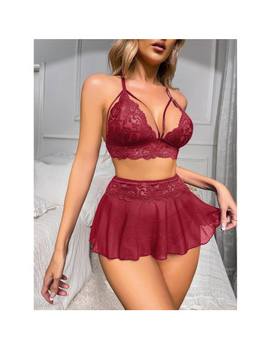 Conjunto de Lencería Sexy GIEAUAU 3 Piezas Rojo Vino