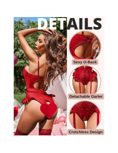 Body de Lencería Avidlove Burdeos con Ligueros y Encaje 2