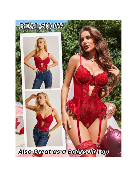 Body de Lencería Avidlove Burdeos con Ligueros y Encaje