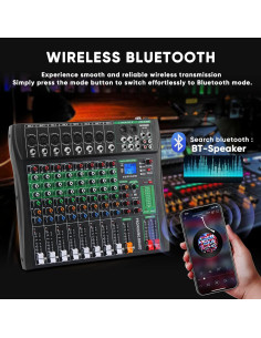 Mezclador de Audio 8 Canales AX-80S con Bluetooth y USB 2