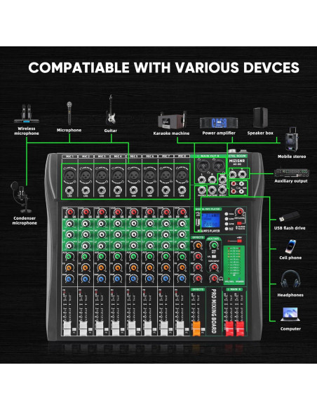 Mezclador de Audio 8 Canales AX-80S con Bluetooth y USB