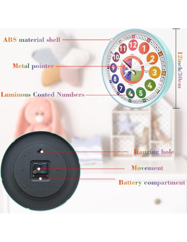 Reloj de Aprendizaje DORBOKER 30 cm Silencioso Brilla en la Oscuridad