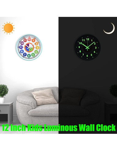 Reloj de Aprendizaje DORBOKER 30 cm Silencioso Brilla en la Oscuridad