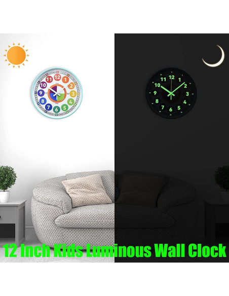 Reloj de Aprendizaje DORBOKER 30 cm Silencioso Brilla en la Oscuridad
