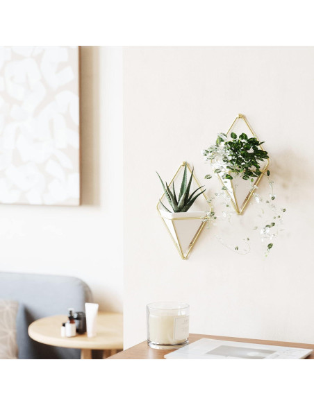 Maceta Colgante Umbra Trigg Pequeña Blanca y Latón, Juego de 2