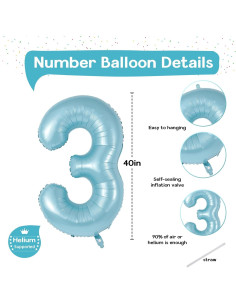 Globo Número 3 Azul Perlado 101,6 cm para Cumpleaños 2