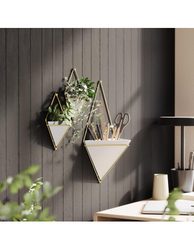 Maceta Colgante Umbra Trigg Pequeña Blanca y Latón, Juego de 2