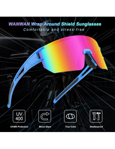 Gafas de Ciclismo WANWAN UV400 Marco Azul Rojo Lente Púrpura