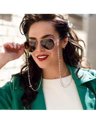 Cadena para Gafas Elegante 2 Pcs Oro y Perlas 70 cm