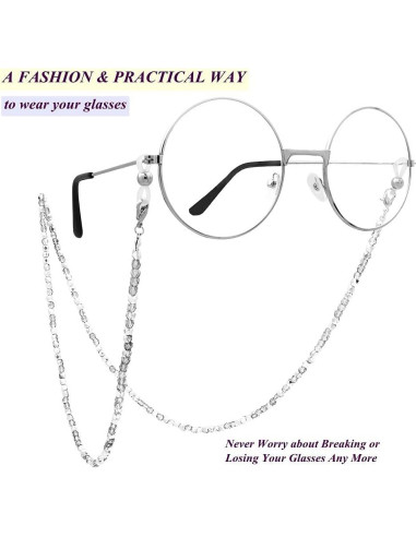 Cadena de Gafas KAI 70cm Cuentas de Vidrio Plateadas