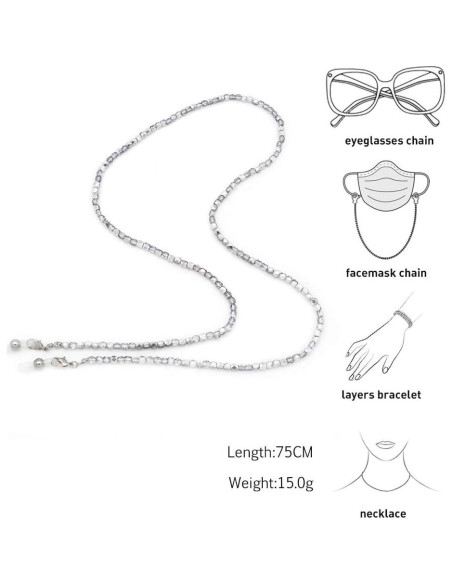 Cadena de Gafas KAI 70cm Cuentas de Vidrio Plateadas