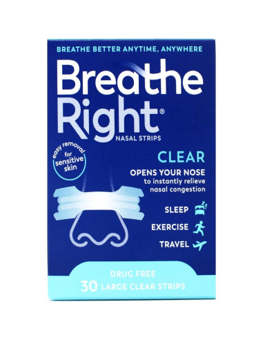 Tiras Nasales Breathe Right Transparentes Piel Sensible 30 Unidades