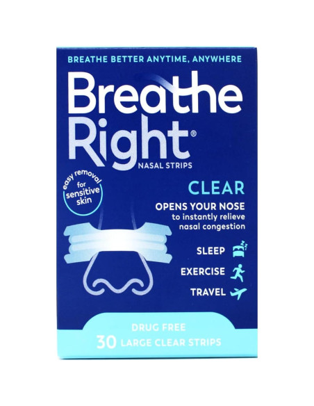 Tiras Nasales Breathe Right Transparentes Piel Sensible 30 Unidades