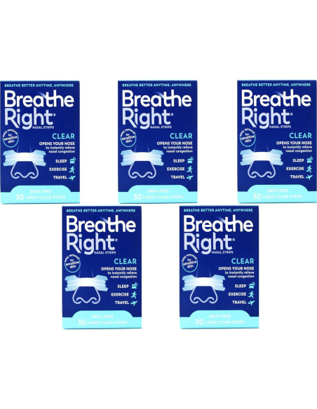Tiras Nasales Breathe Right Transparentes Piel Sensible 30 Unidades