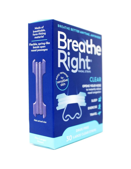 Tiras Nasales Breathe Right Transparentes Piel Sensible 30 Unidades