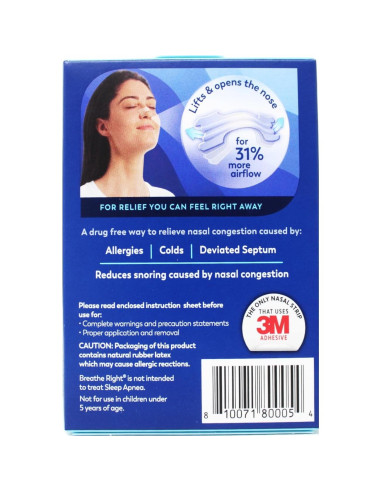 Tiras Nasales Breathe Right Transparentes Piel Sensible 30 Unidades