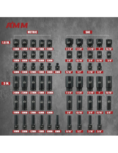 Juego de Enchufes de Impacto AMM 66 Piezas 1/2" Métrico