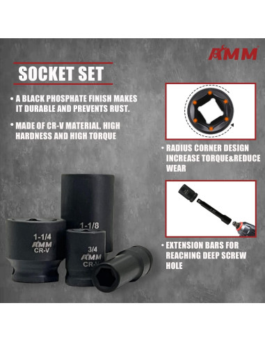 Juego de Enchufes de Impacto AMM 66 Piezas 1/2" Métrico