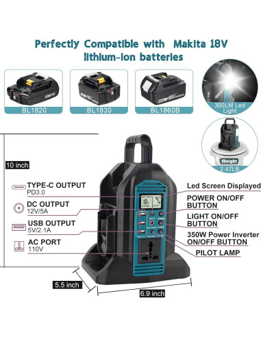Inversor 350W Makita 18V LXT 2 Puertos USB y LED