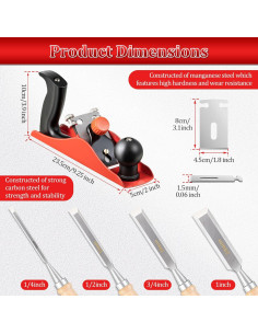 Plano de Mano Dreyoo con Cuchilla de 5 cm y 4 Cinceles de Madera 2