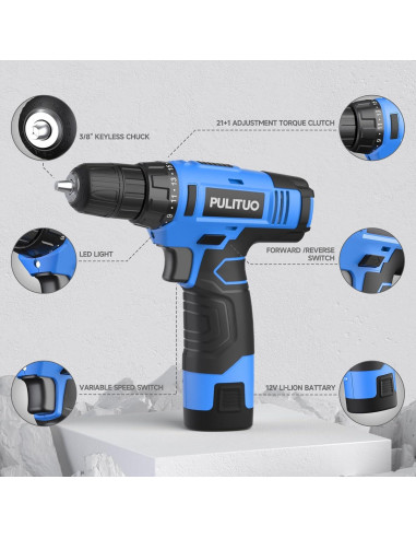 Taladro Inalámbrico PULITUO 12V Azul con Batería y Cargador