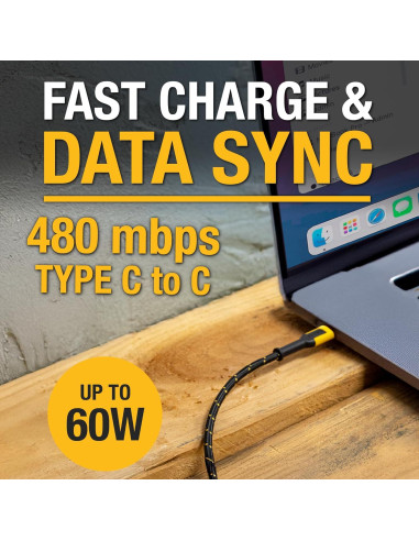 Cable de Carga 2 en 1 DEWALT USB-C 1.22m Carga Rápida 60W